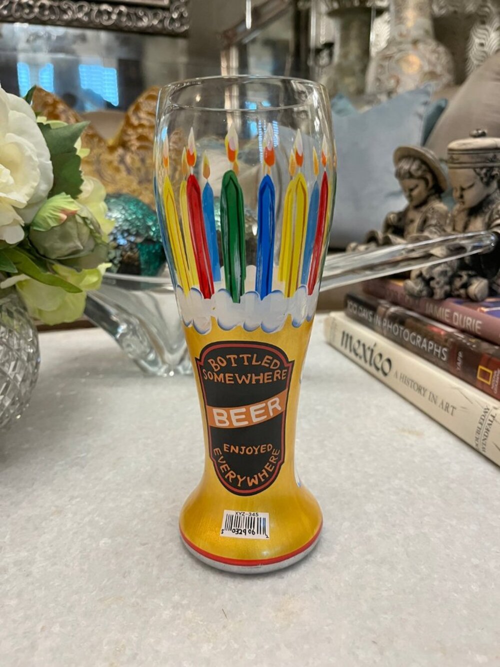 Lolita hand-painted colorful candle artwork for a birthday pilsner glass